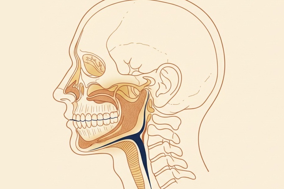 Editorial anatomy illustration of the head, jaw, and airway in profile